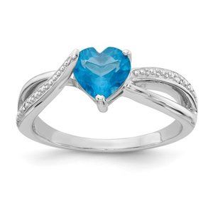 925 Sterling Silver Heart-Shaped Swiss Blue Topaz & Diamond Ring December birthd